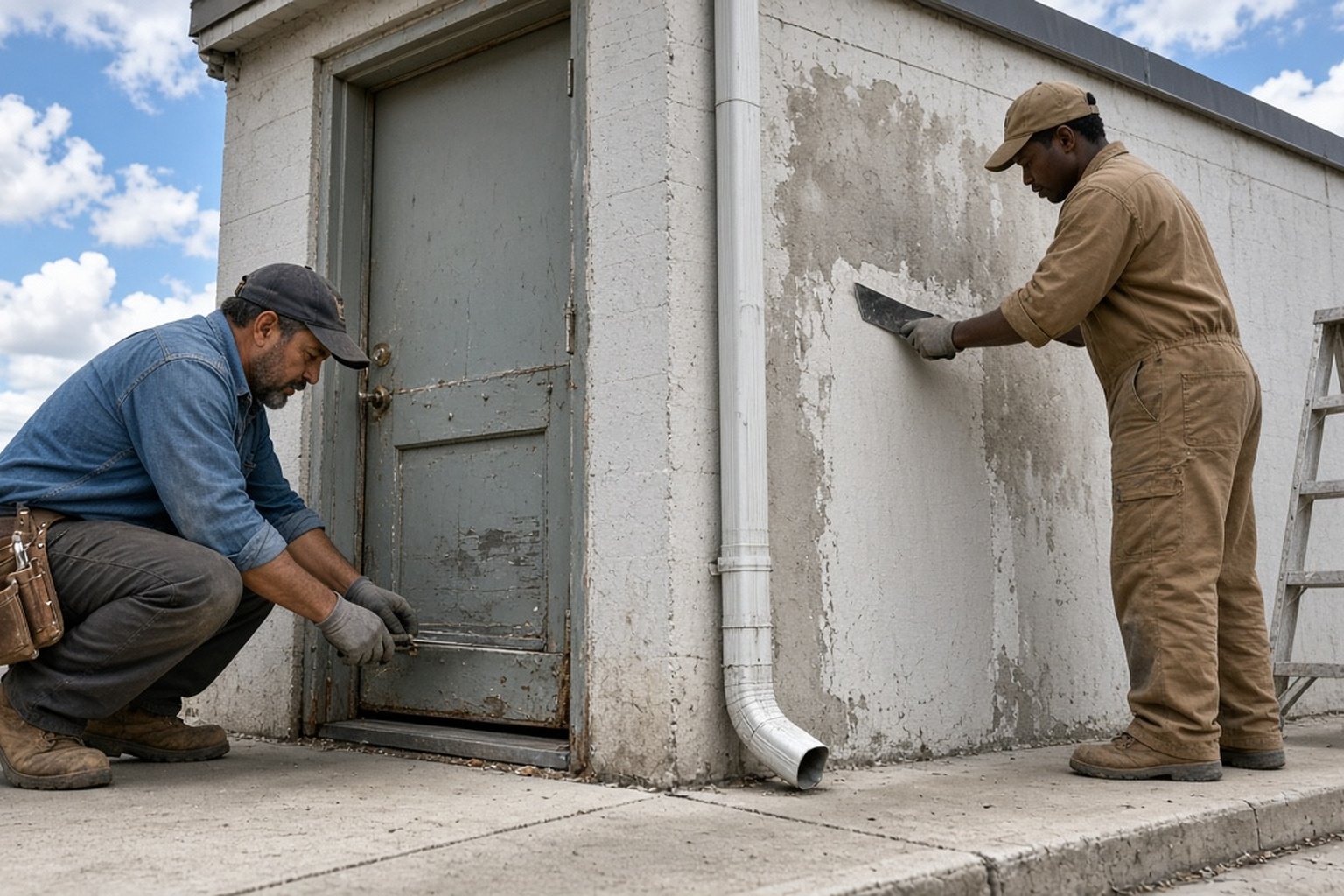 Two workers repairing a commercial building door and patching an exterior wall