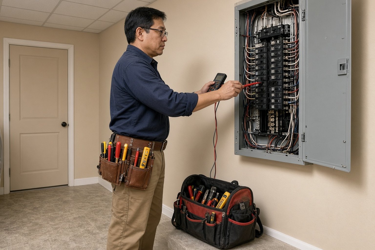 Electrician testing an open breaker panel with a multimeter