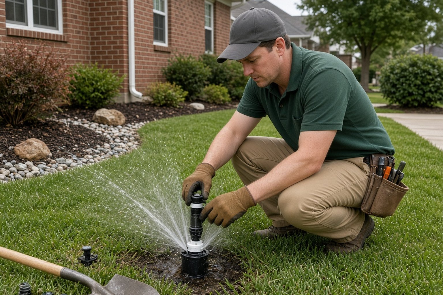 Landscape irrigation guidance for broken heads, leaking zones, low pressure, pooling water, overspray, and controller symptoms.