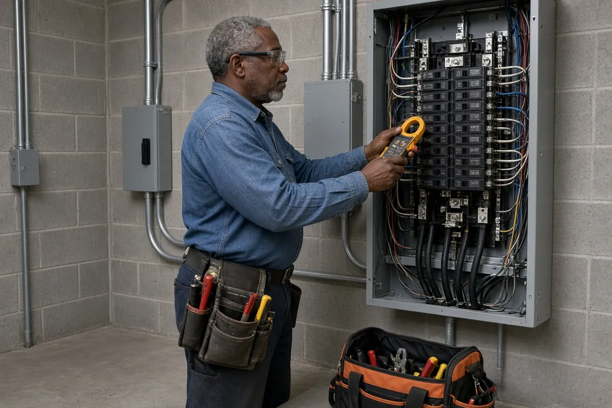 Electrician testing a commercial breaker panel with a clamp meter