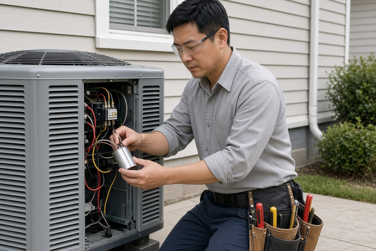Technician testing a capacitor inside an outdoor air conditioner