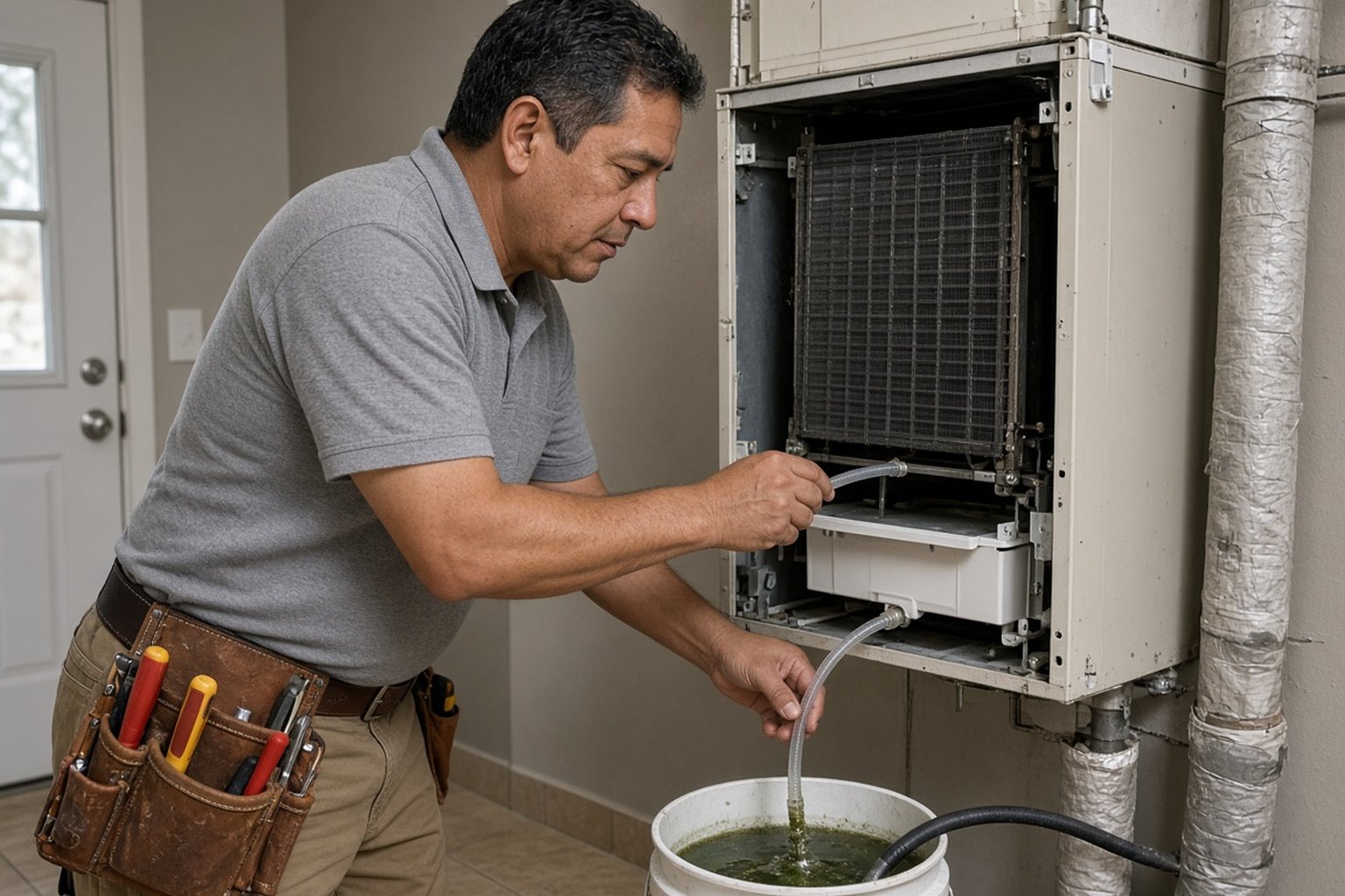 Technician clearing an air conditioner condensate drain line into a bucket