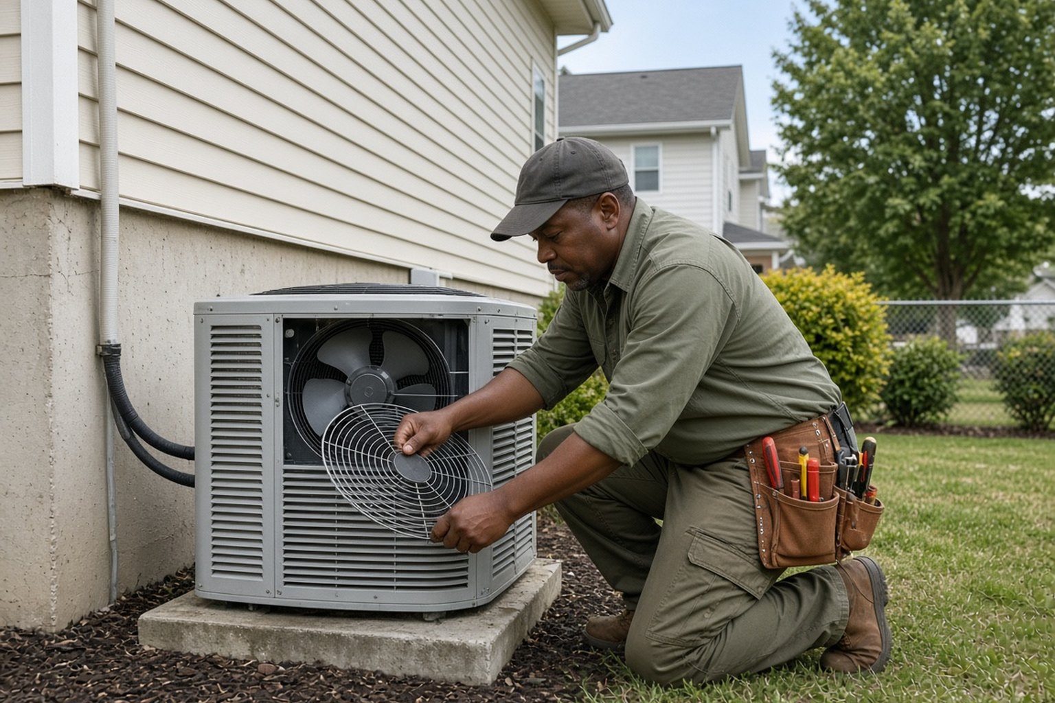Technician inspecting the fan on an outdoor air conditioner unit