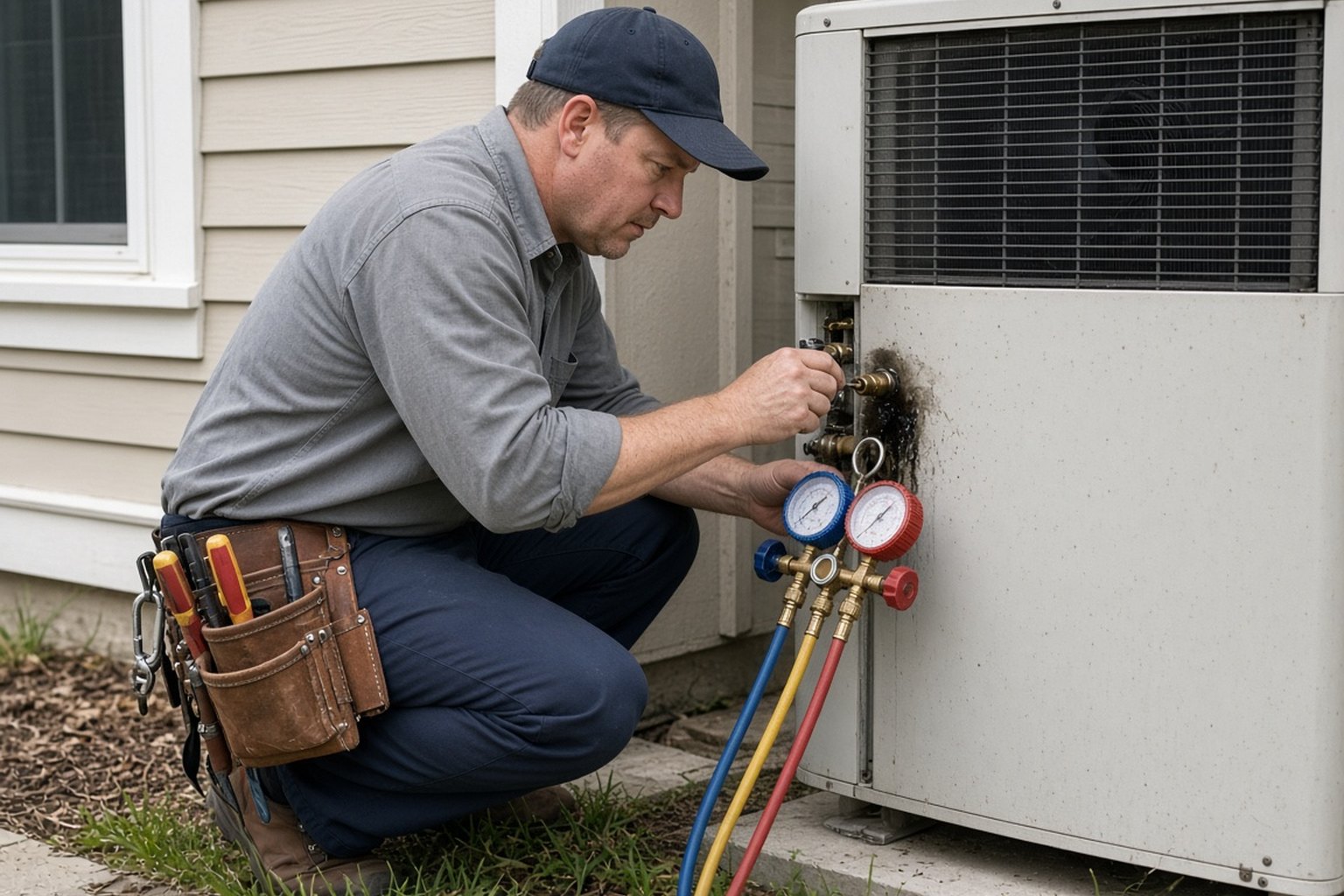 Technician checking refrigerant pressures on an outdoor heat pump