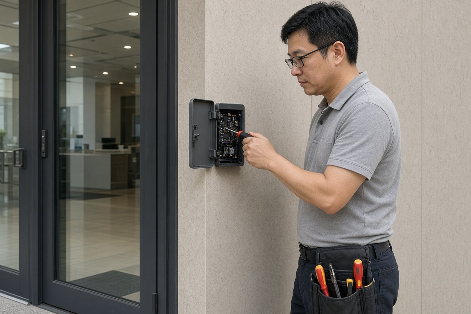 Technician installing an access control keypad beside a glass entry door
