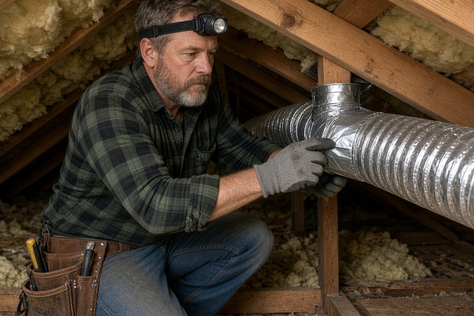 Technician inspecting flexible ductwork in an attic