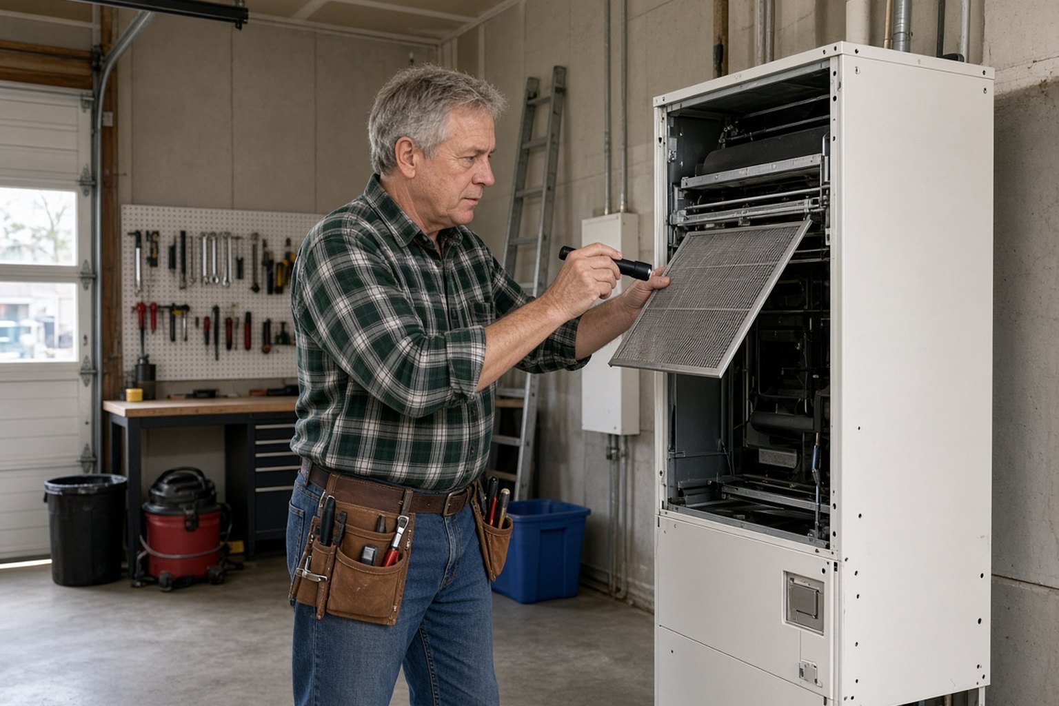 Technician servicing an indoor air handler in a garage