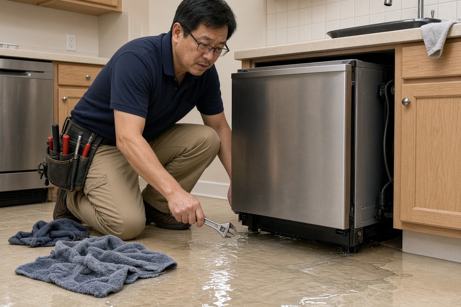 Technician inspecting a leaking dishwasher on a wet kitchen floor