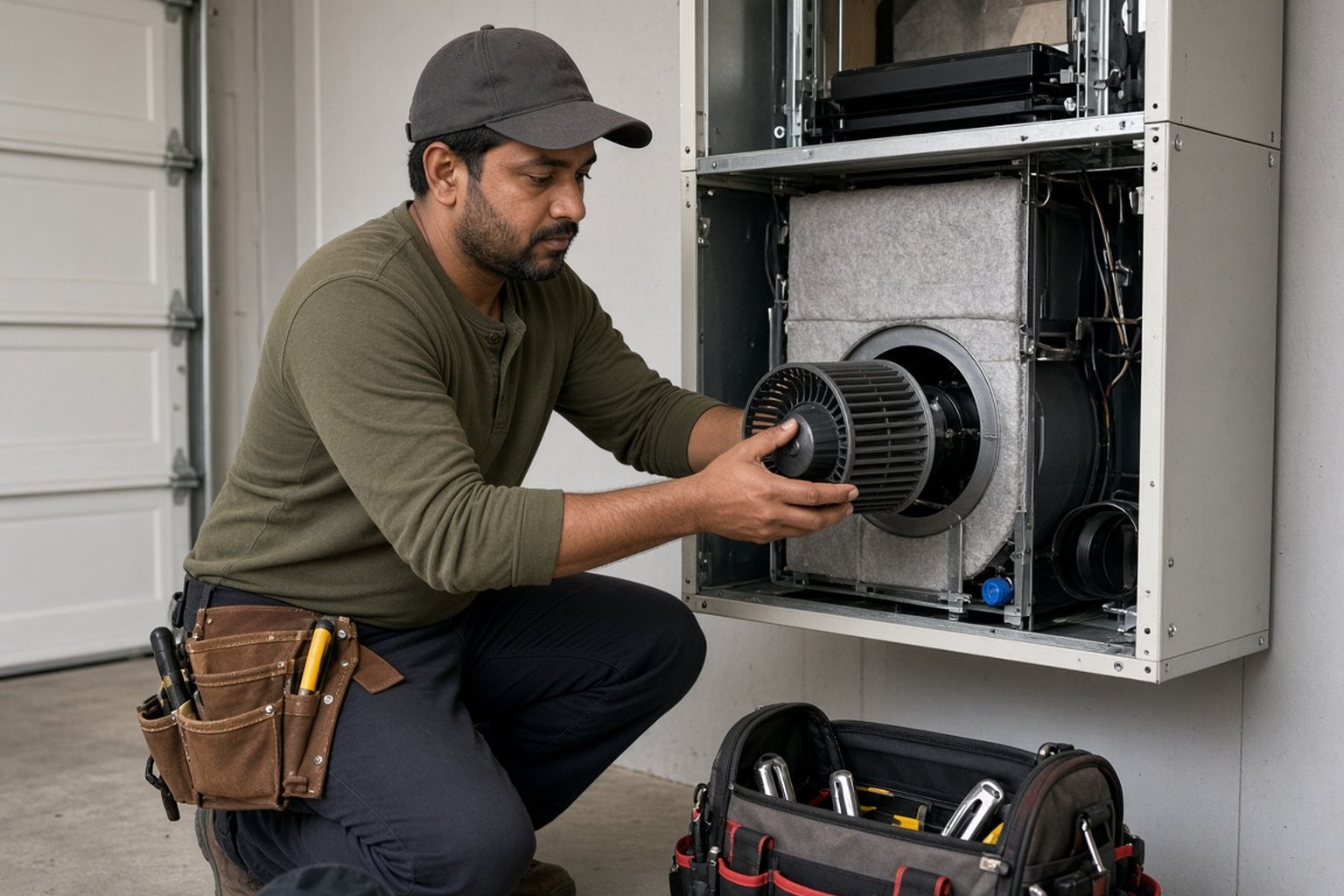 Technician removing a blower motor from a furnace cabinet