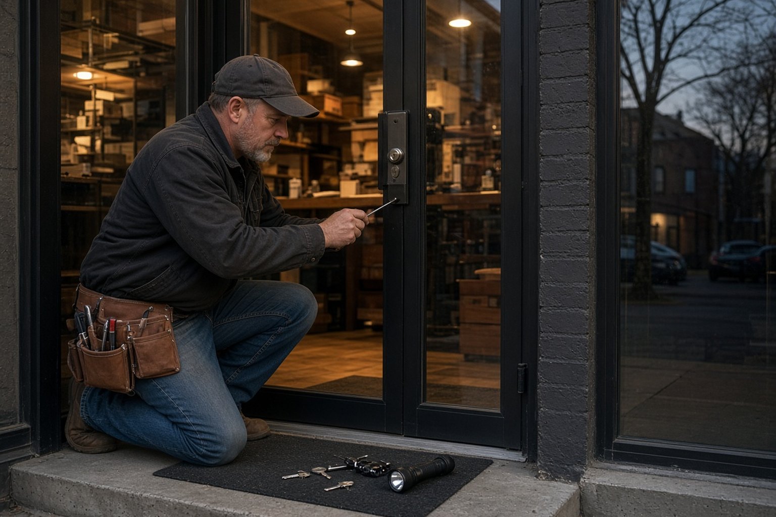 Locksmith working on the lock of a glass storefront door