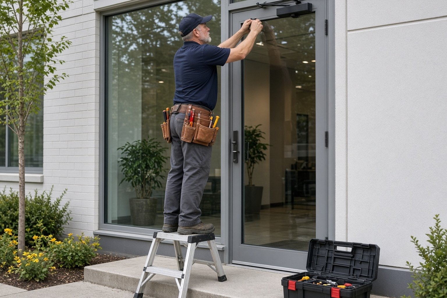 Technician adjusting the closer on a glass storefront door
