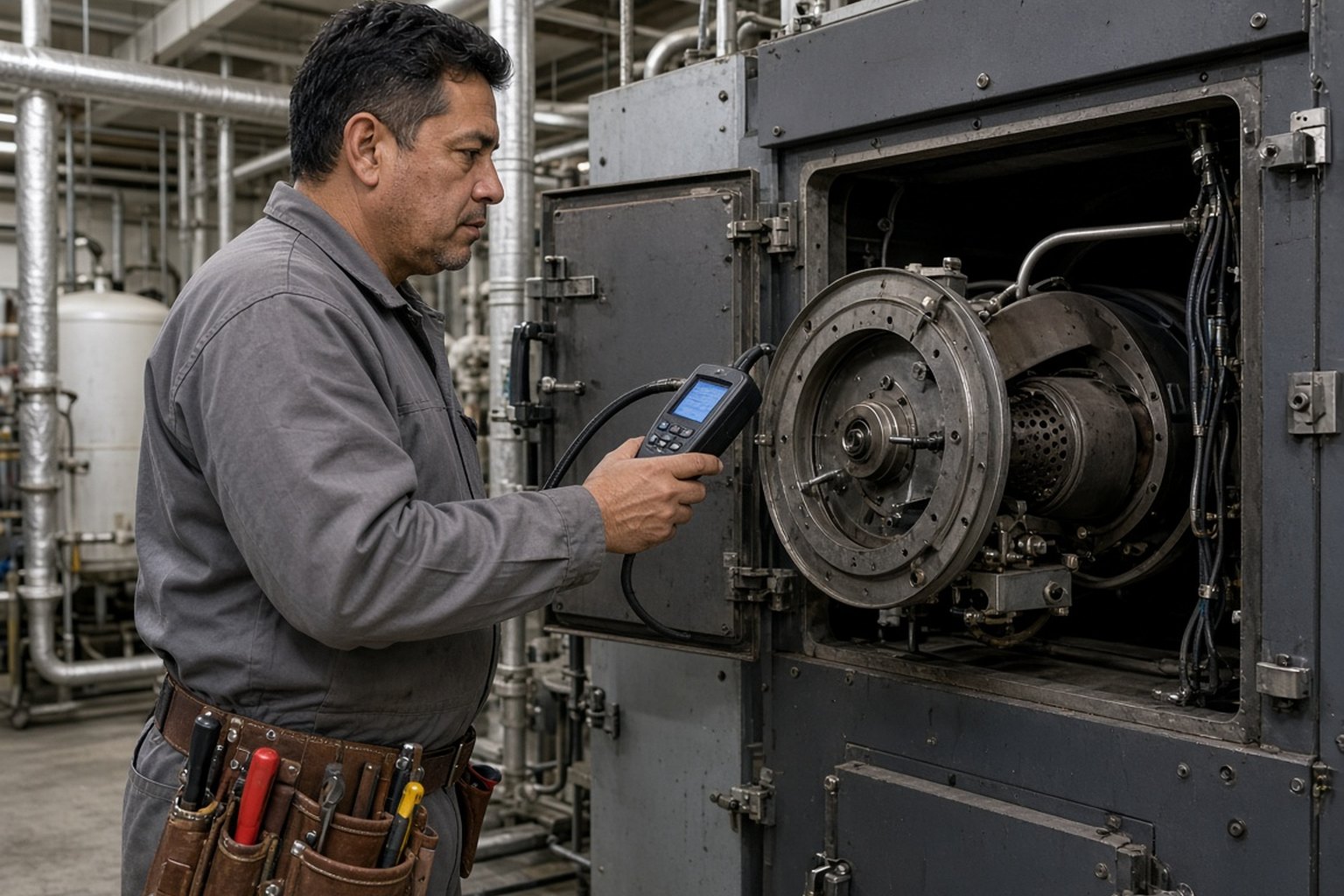 Technician testing a commercial boiler burner with a handheld meter