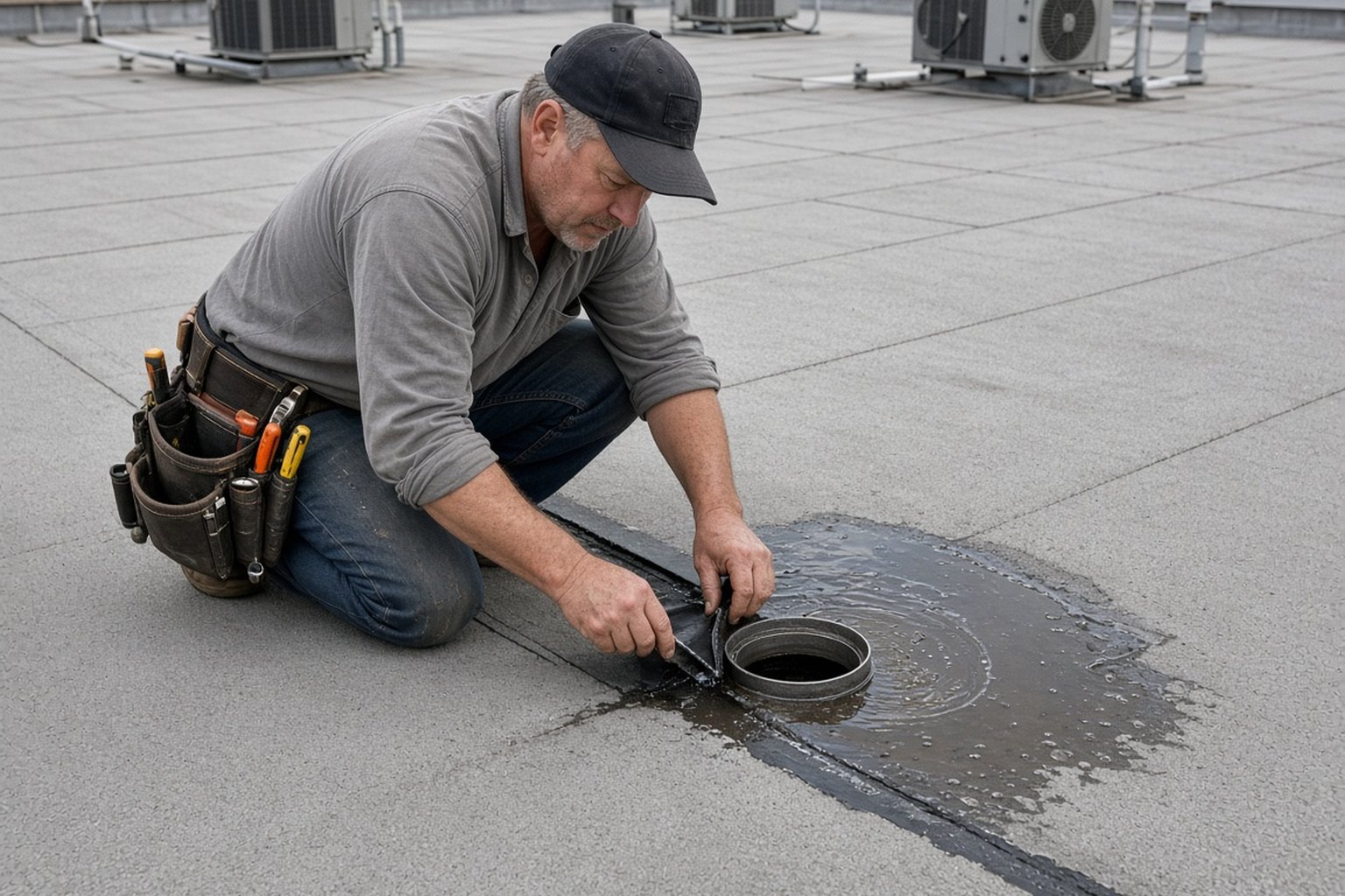 Roofer inspecting a drain on a flat commercial roof
