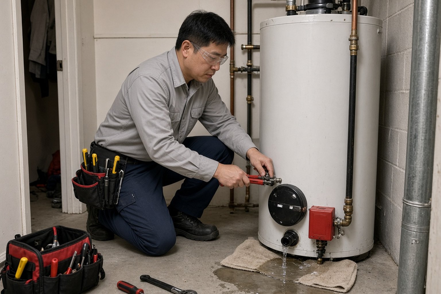 Technician servicing a residential water heater