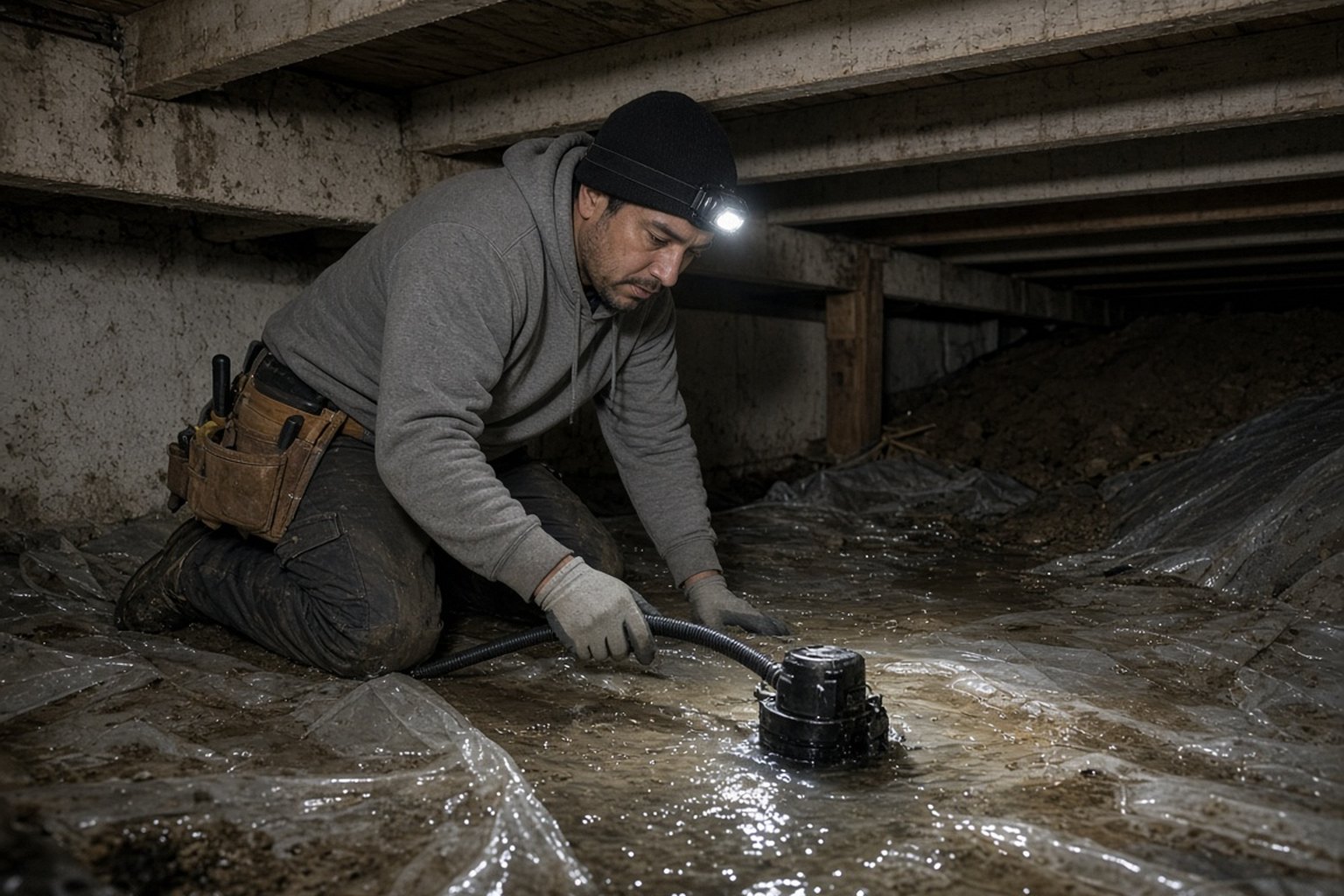 Technician pumping water out of a flooded crawl space