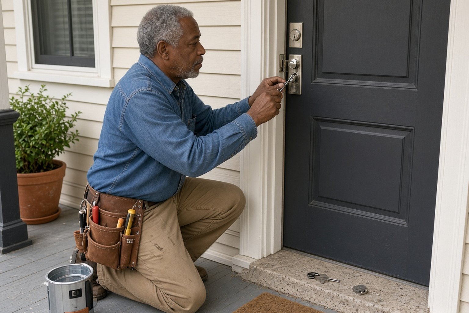 Locksmith repairing a deadbolt on a front door