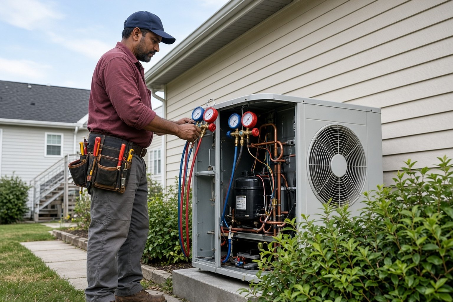 Technician checking refrigerant gauges on an outdoor air conditioner with its panel open