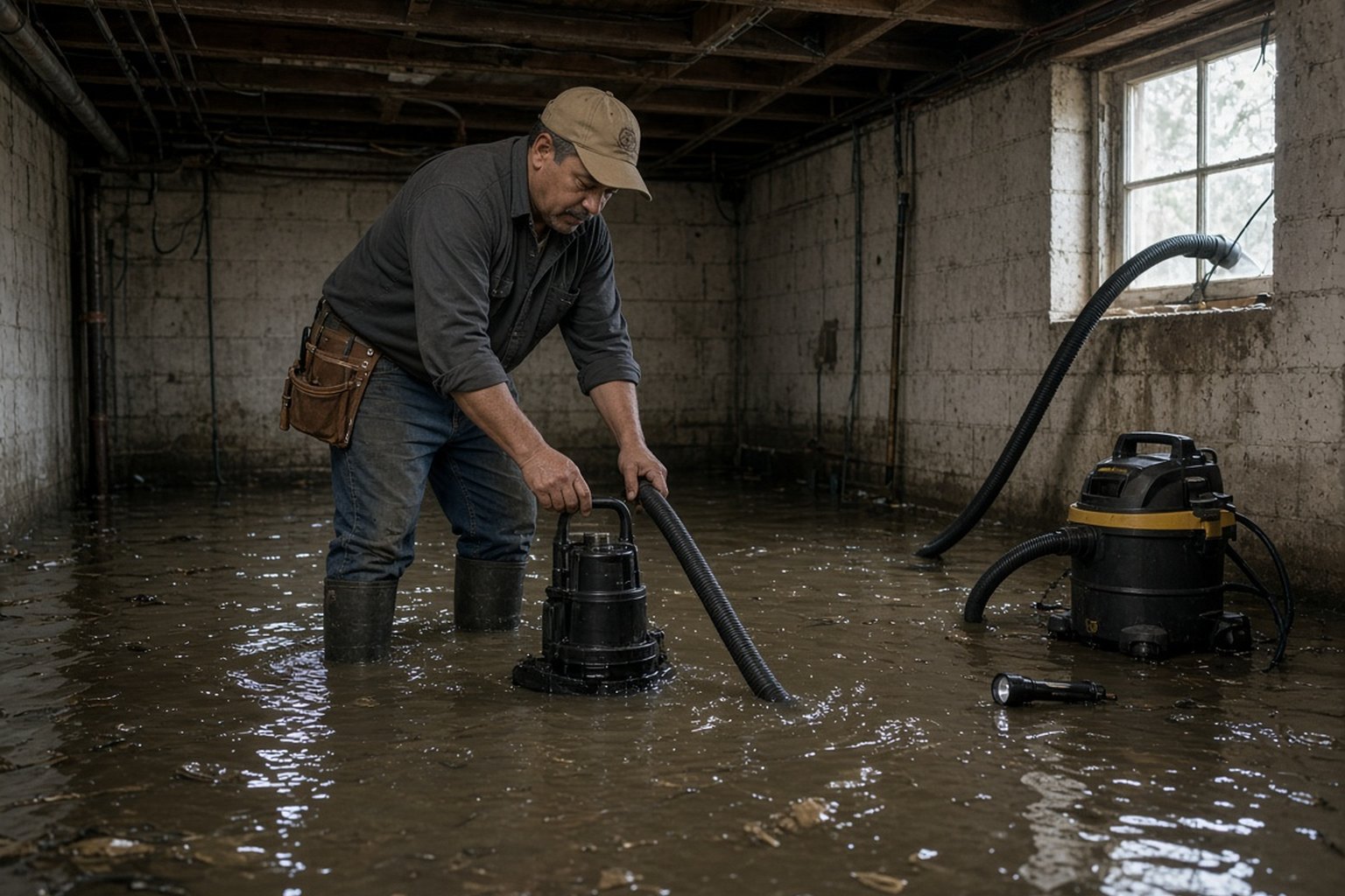 Technician pumping standing water out of a flooded basement