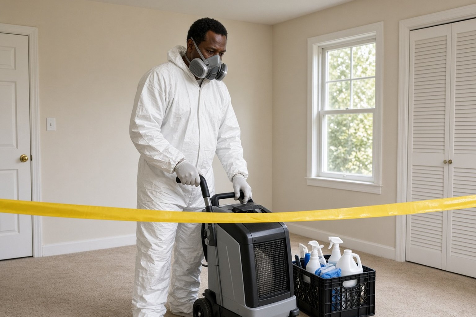 Cleanup technician in a protective suit and respirator behind caution tape