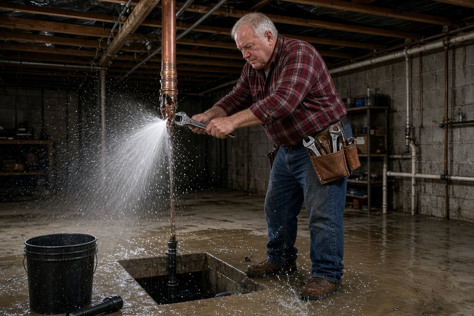 Plumber working on a burst pipe spraying water in a basement