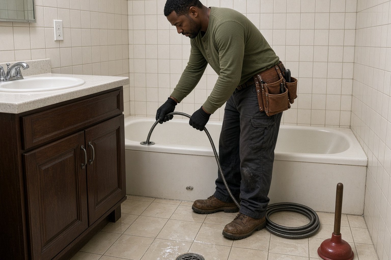 Plumber clearing a bathtub drain with a drain snake
