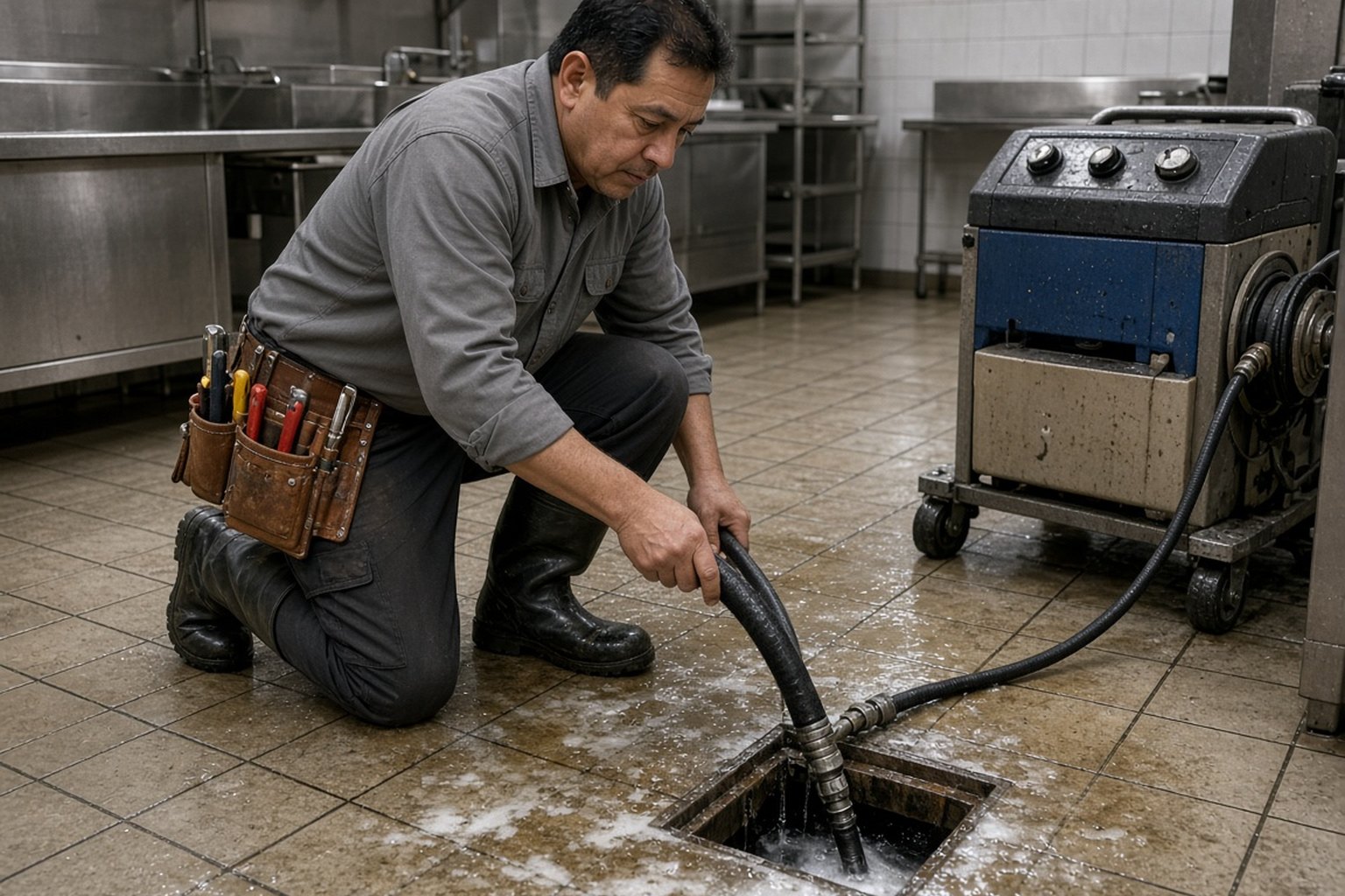 Technician cleaning a commercial kitchen floor drain with a jetting machine