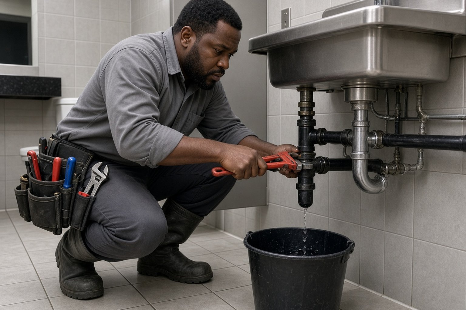 Plumber repairing the drain pipe under a commercial sink
