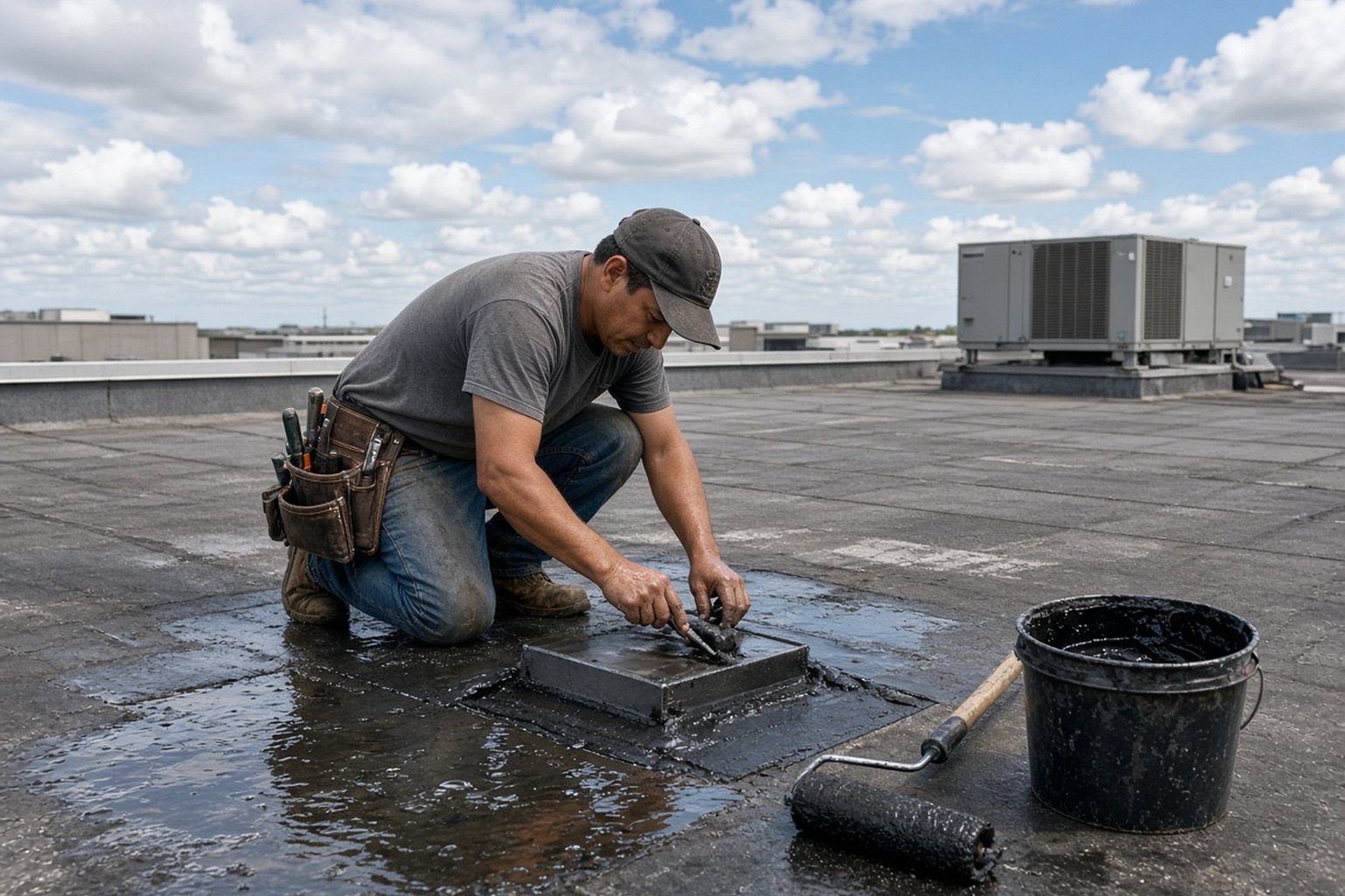 Roofer repairing a wet section of a flat commercial roof
