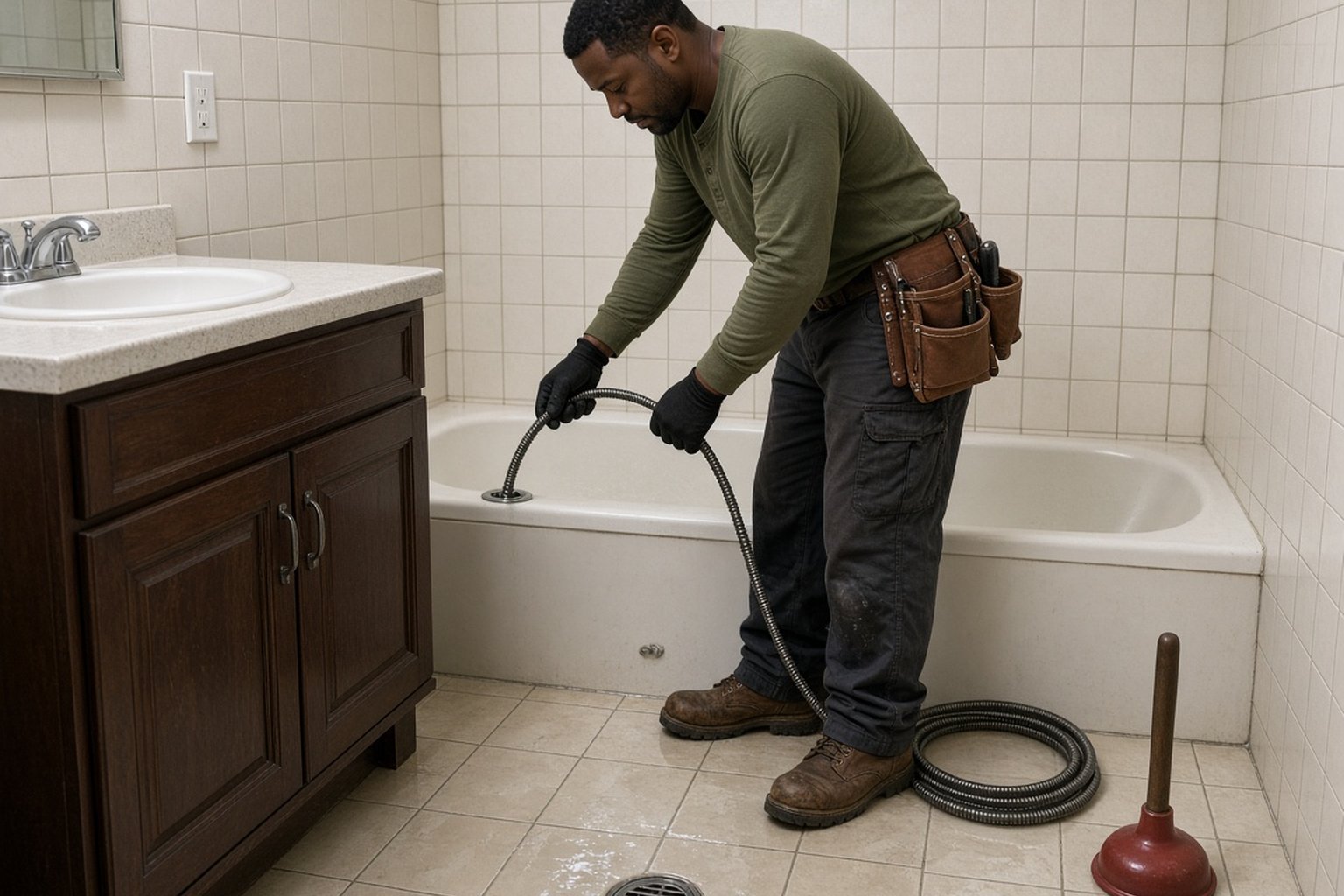 Plumber clearing a bathtub drain with a drain snake