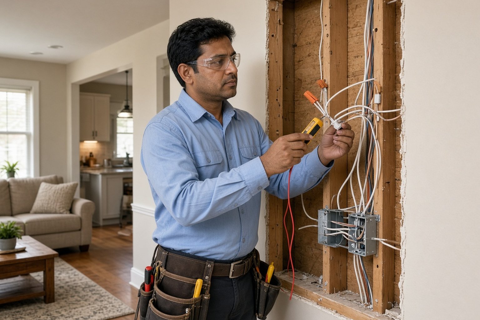 Electrician testing wires inside an opened wall