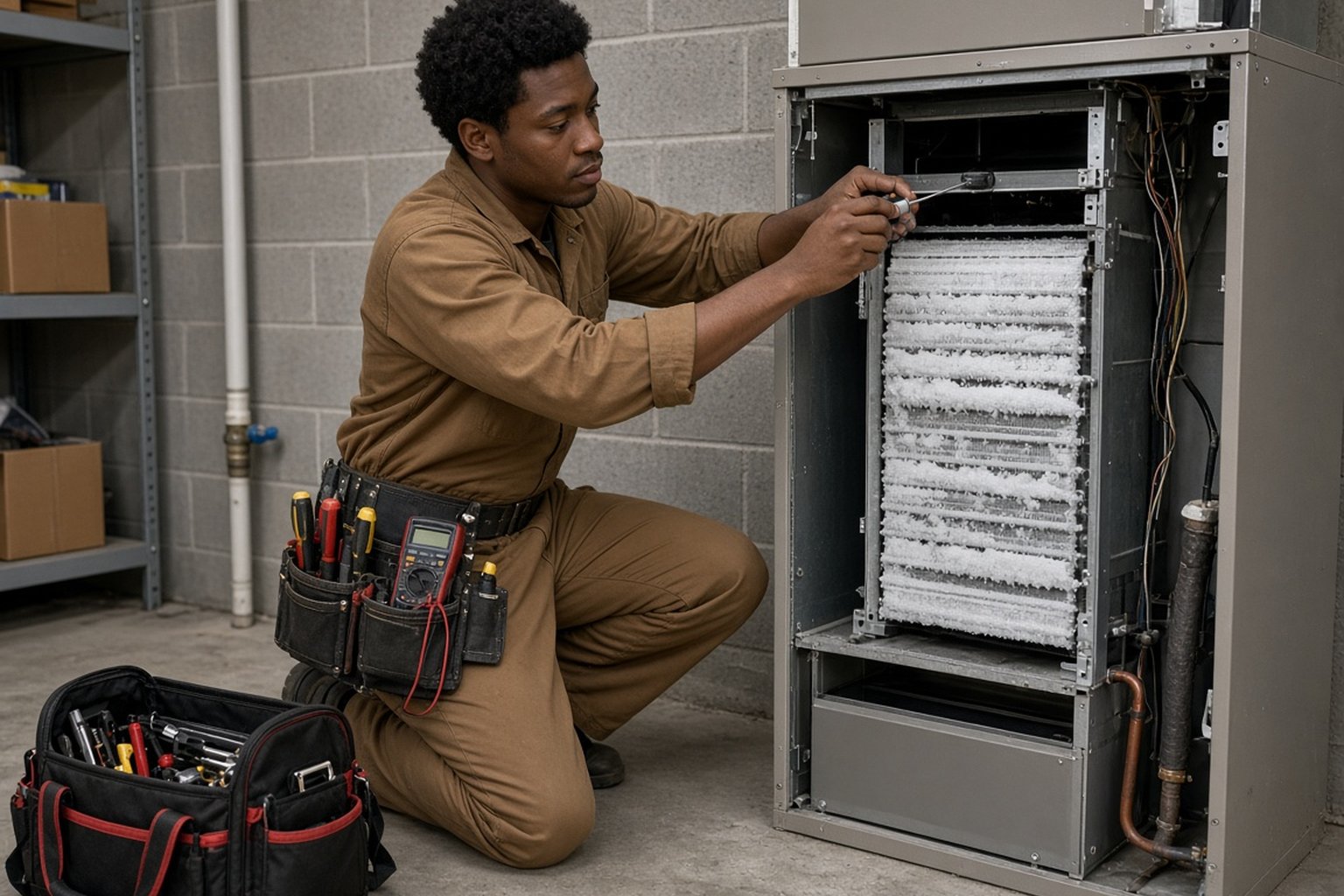 Technician inspecting a frosted indoor air conditioner coil