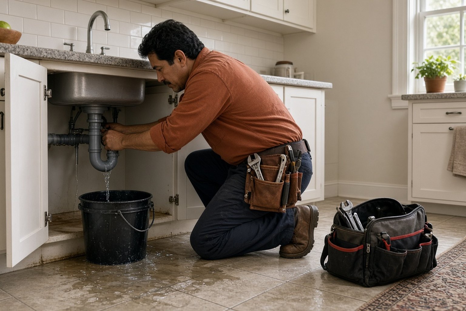 Plumber catching water from a leaking pipe under a kitchen sink