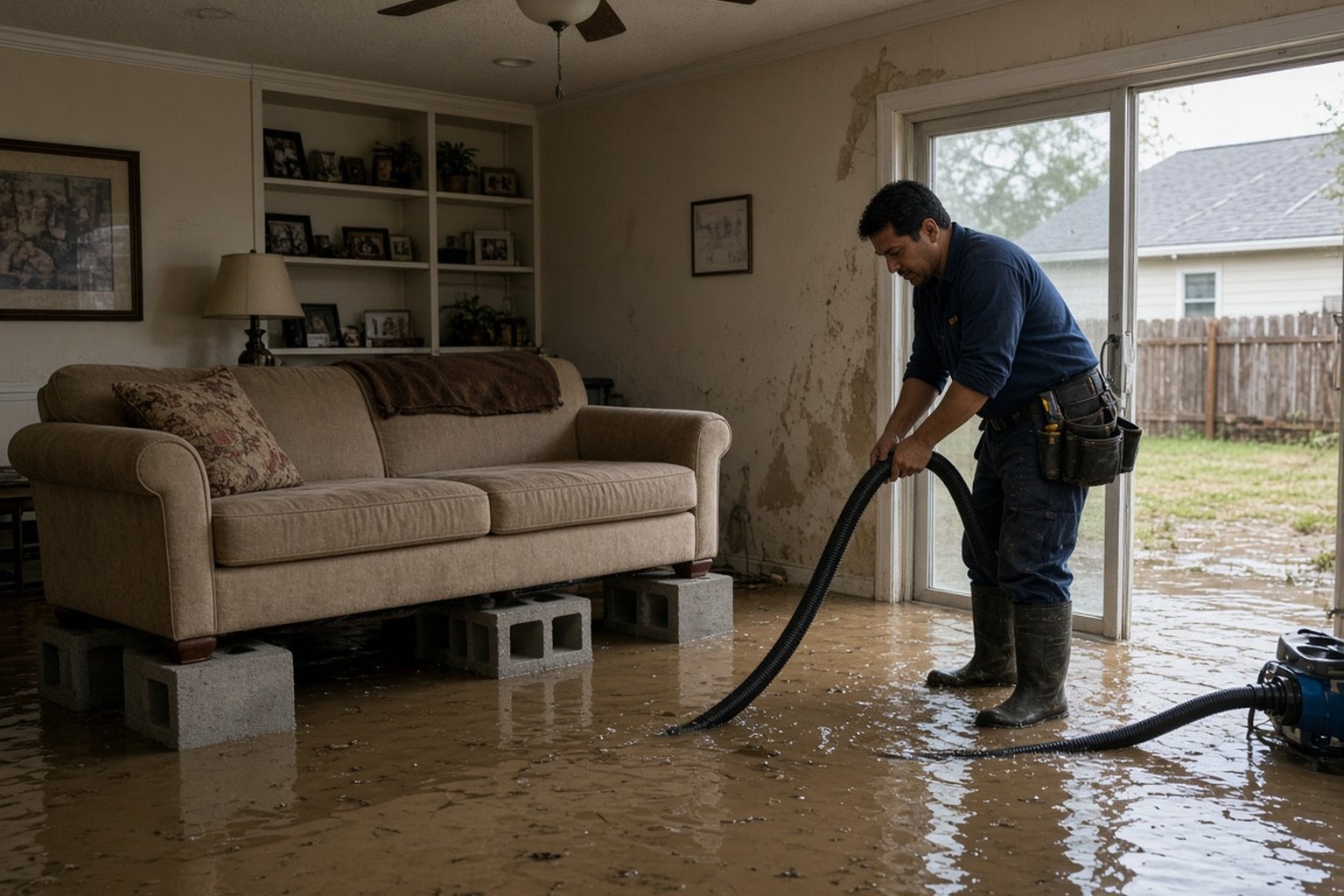 Technician extracting floodwater from a living room