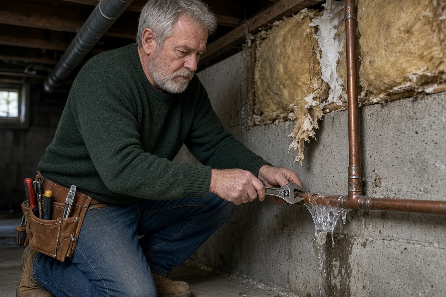 Plumber inspecting a split pipe leaking water in a basement