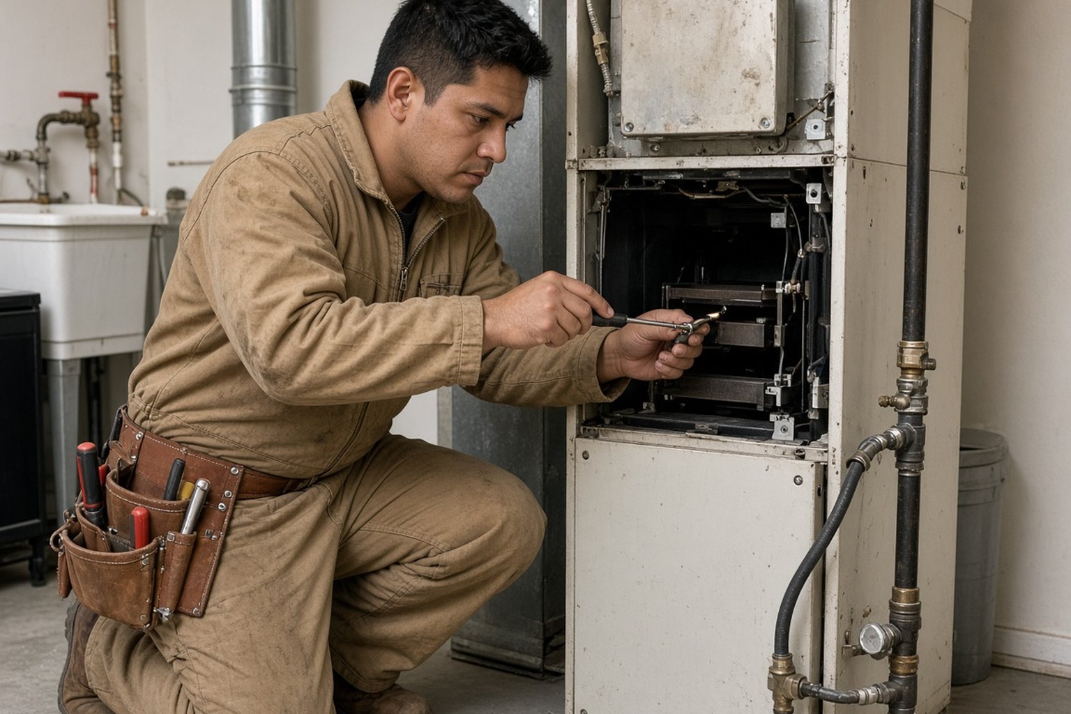 Technician testing the controls inside a gas furnace