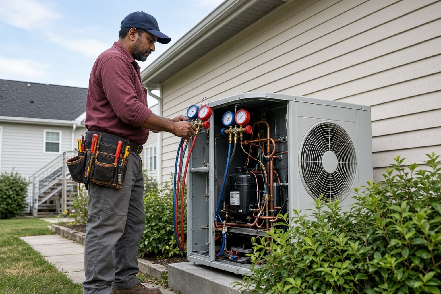 Technician checking refrigerant gauges on an outdoor air conditioner with its panel open