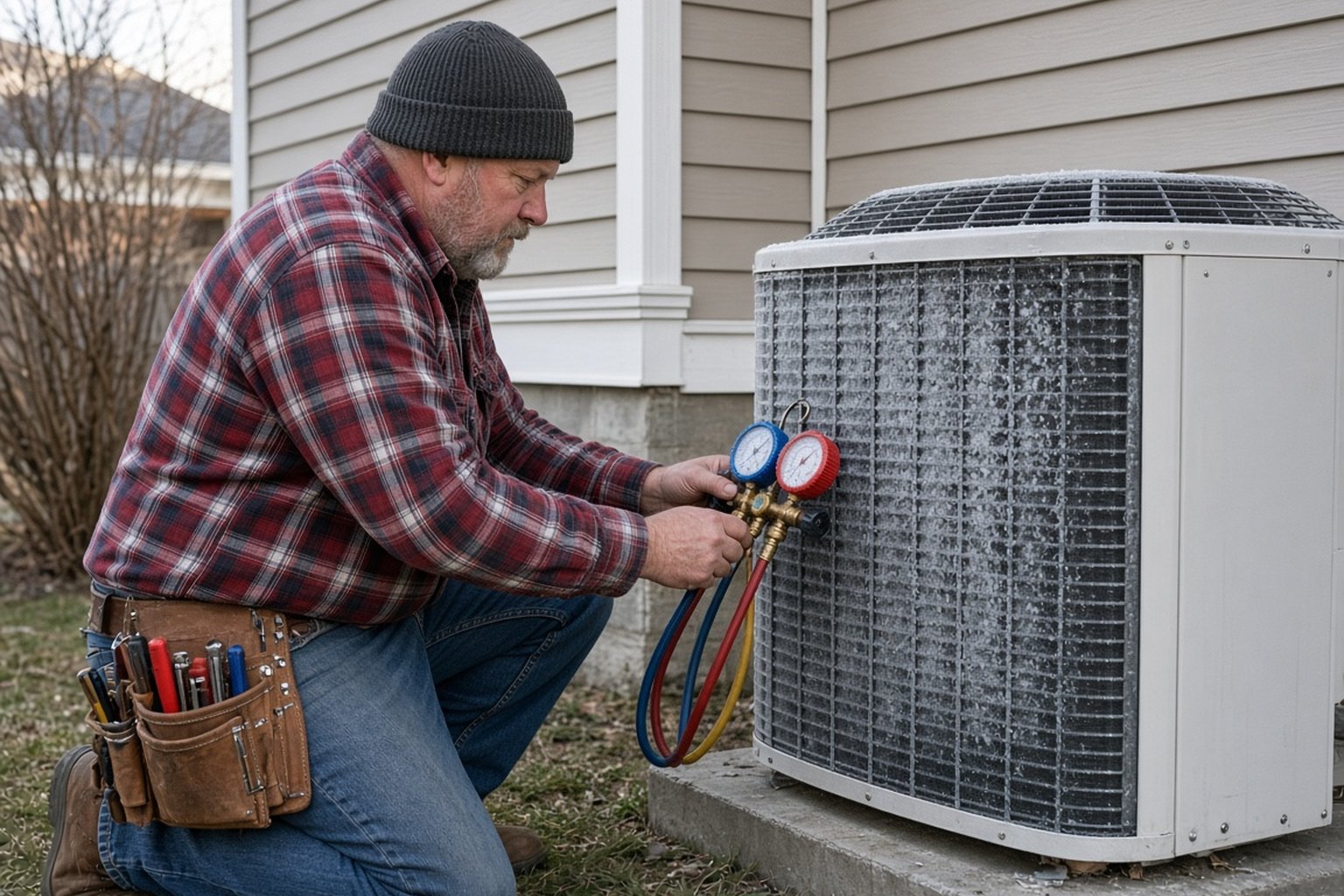 Technician checking refrigerant pressures on an outdoor heat pump