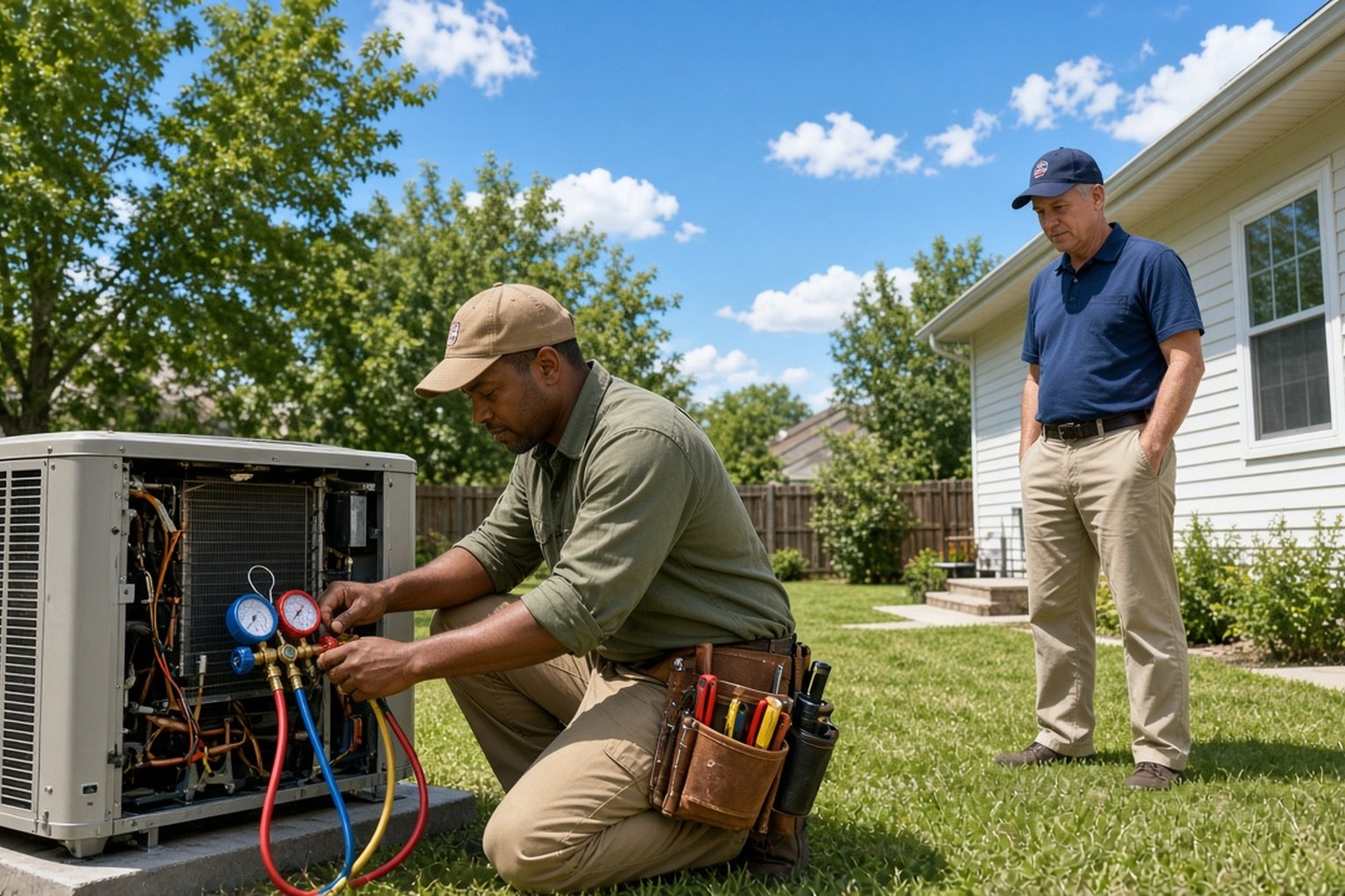 Technician checking an outdoor air conditioner with gauges while a homeowner watches