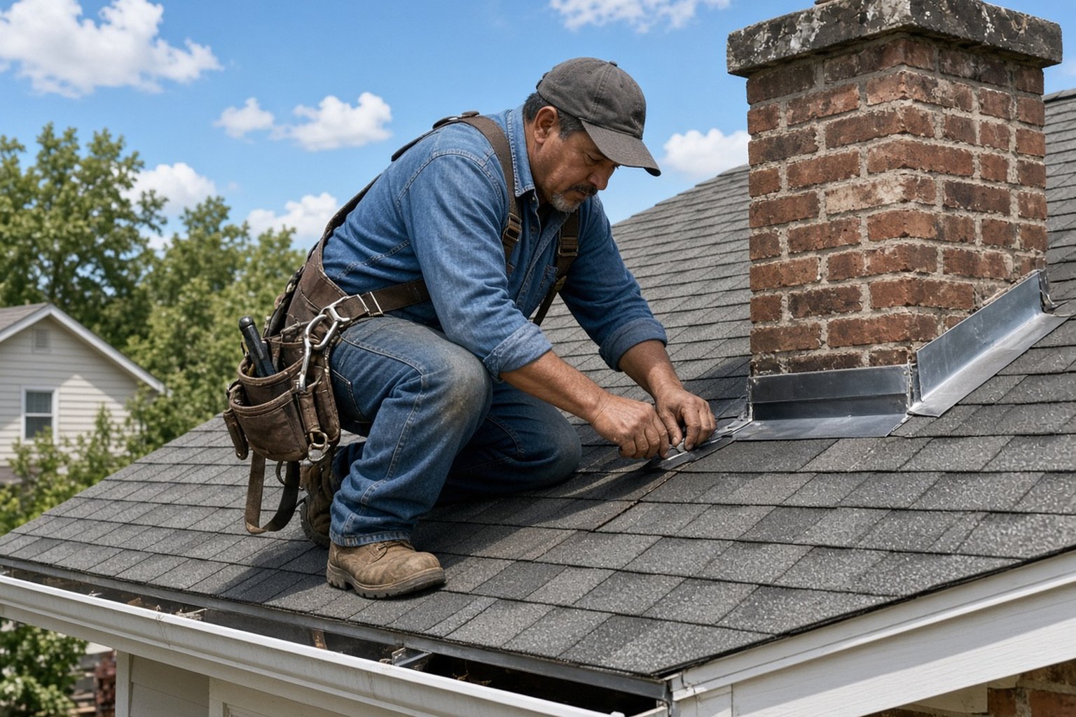 Roofer repairing flashing around a chimney