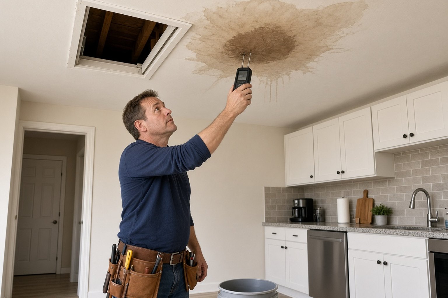 Technician checking a water-stained ceiling with a moisture meter