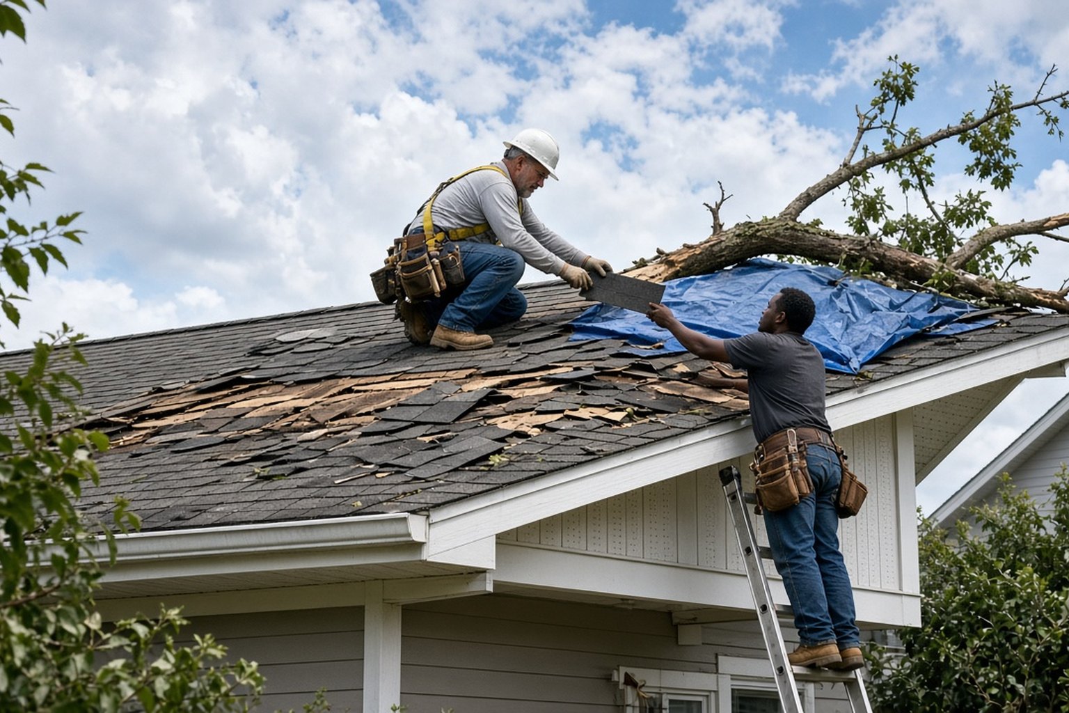Roofers placing a tarp on a roof damaged by a fallen tree