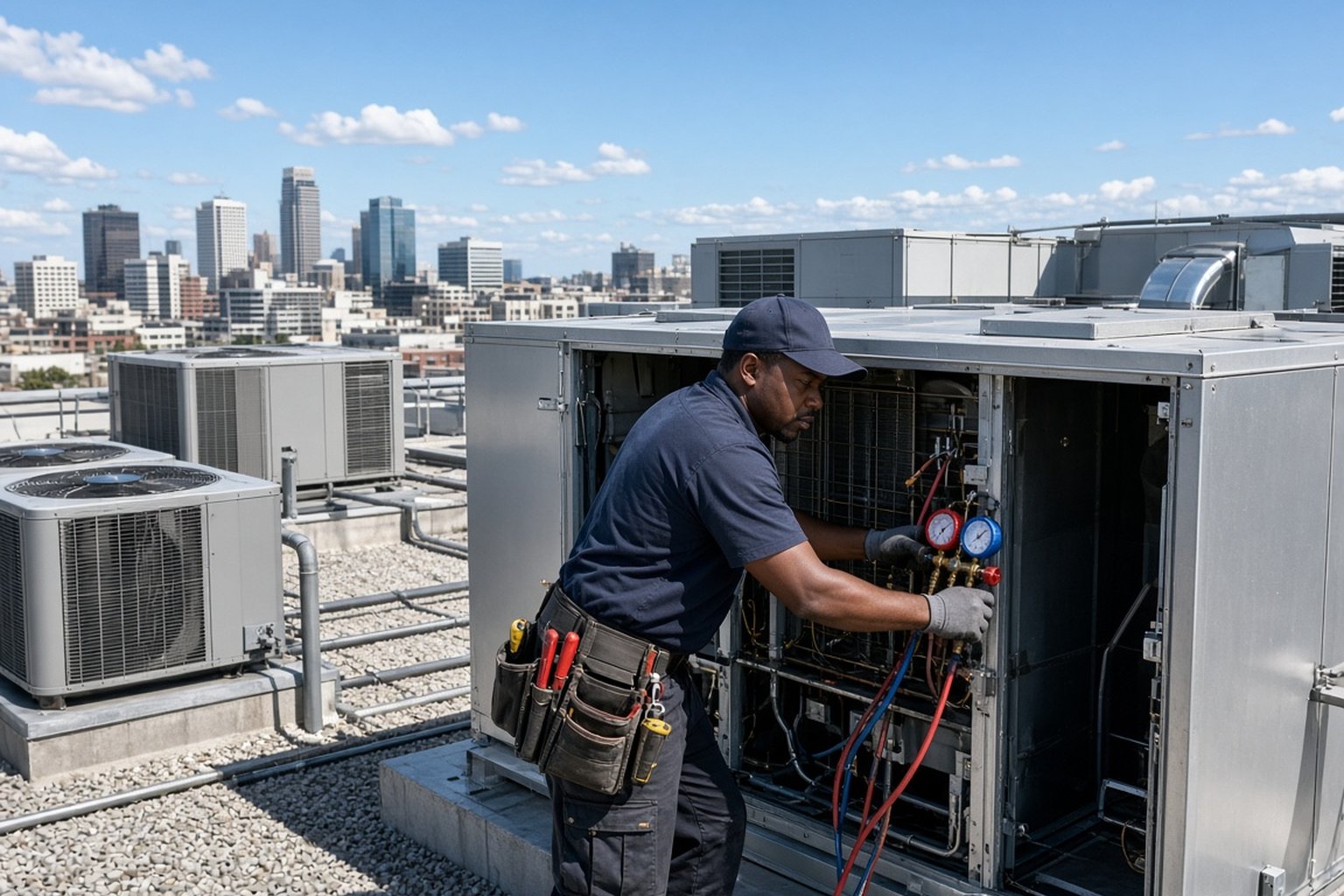 Technician checking refrigerant gauges on an open rooftop HVAC unit