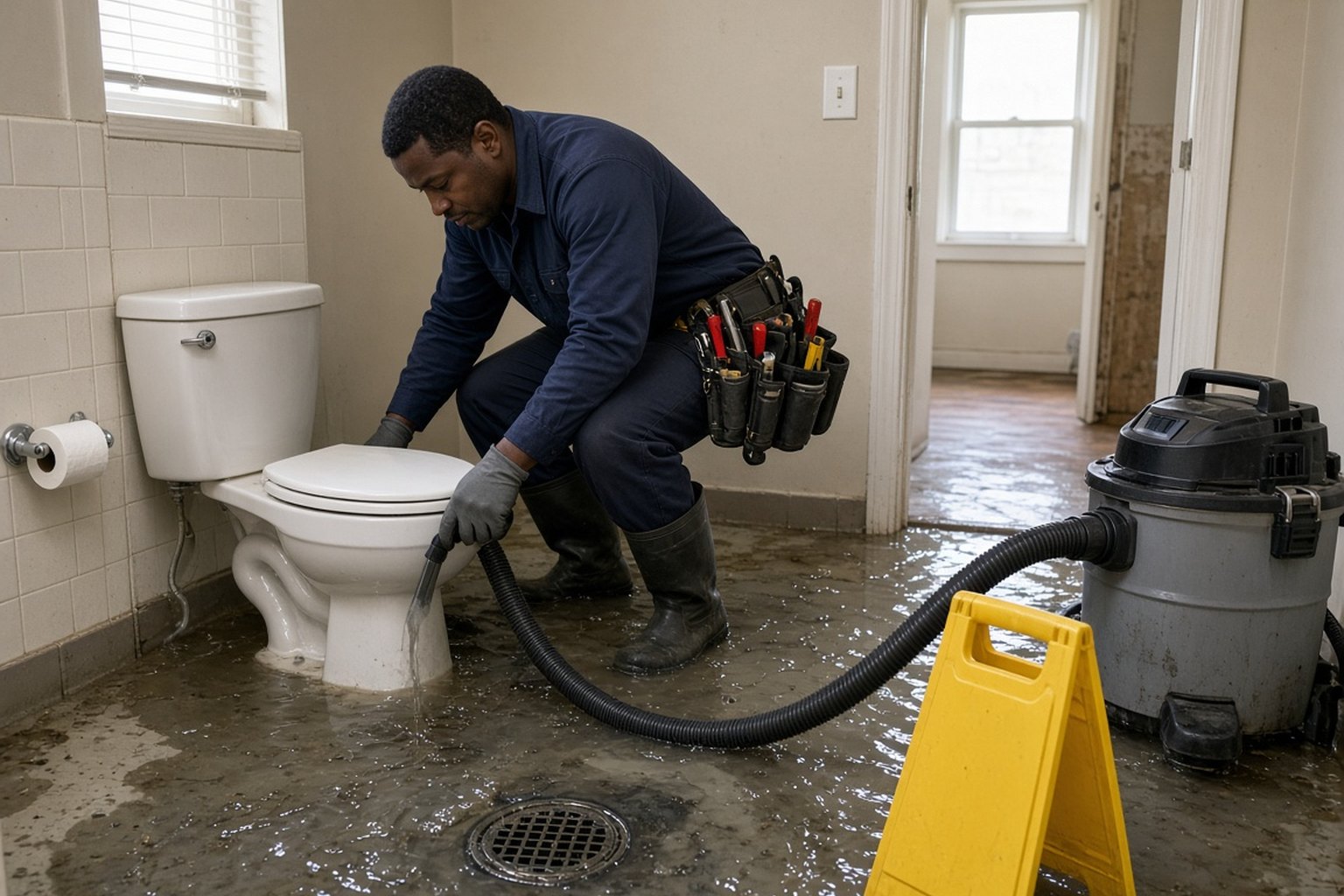 Technician extracting sewage water from a bathroom floor