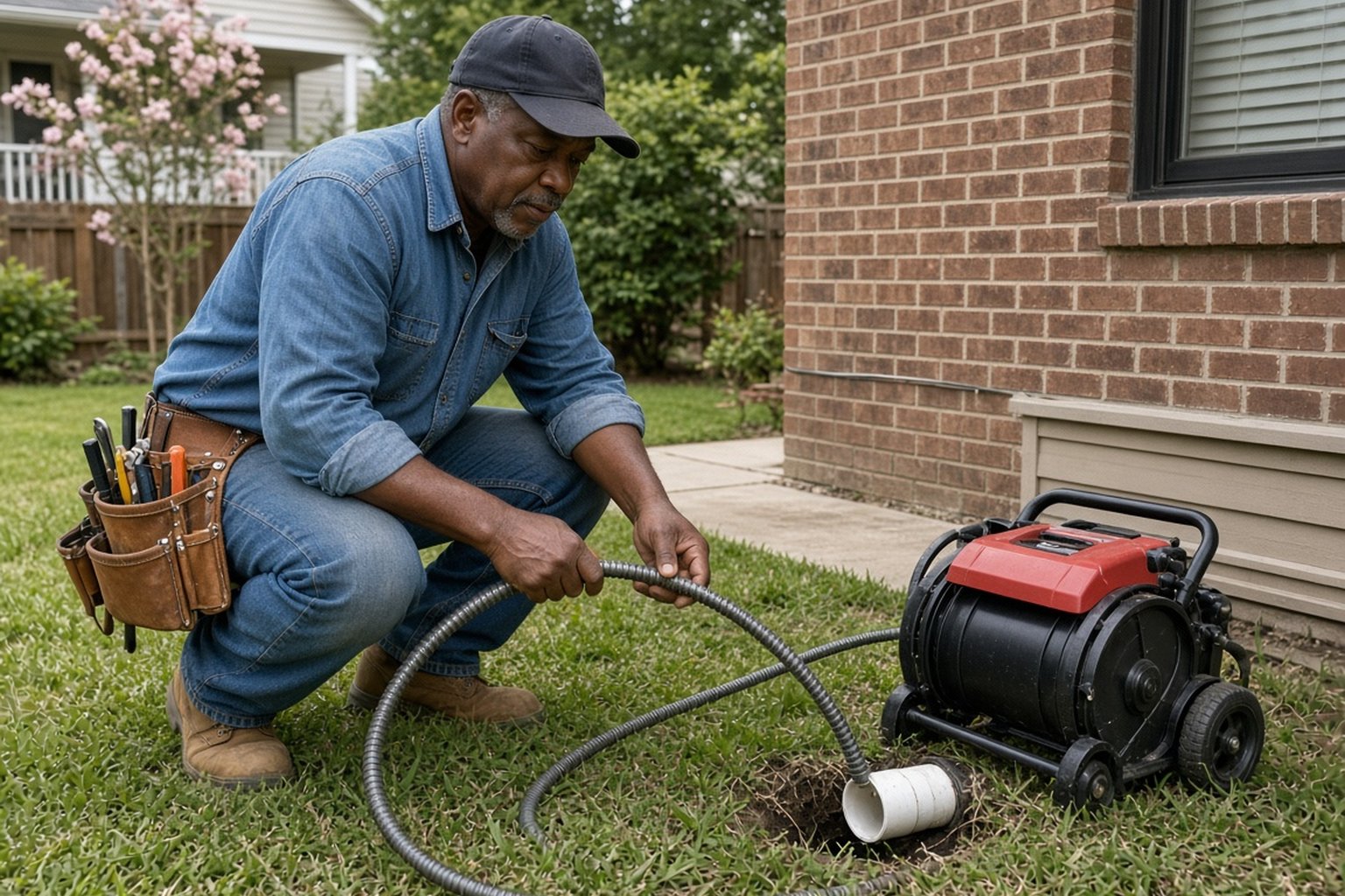 Plumber feeding a drain cable into a yard sewer cleanout