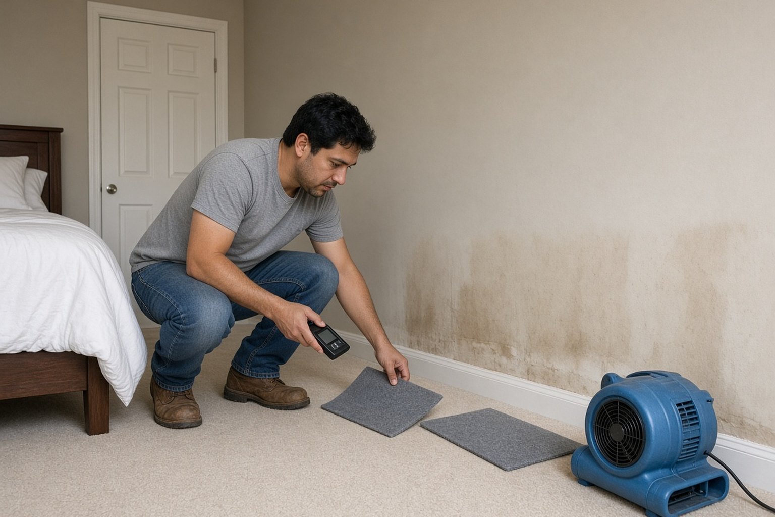 Technician checking a damp bedroom wall with a moisture meter beside an air mover