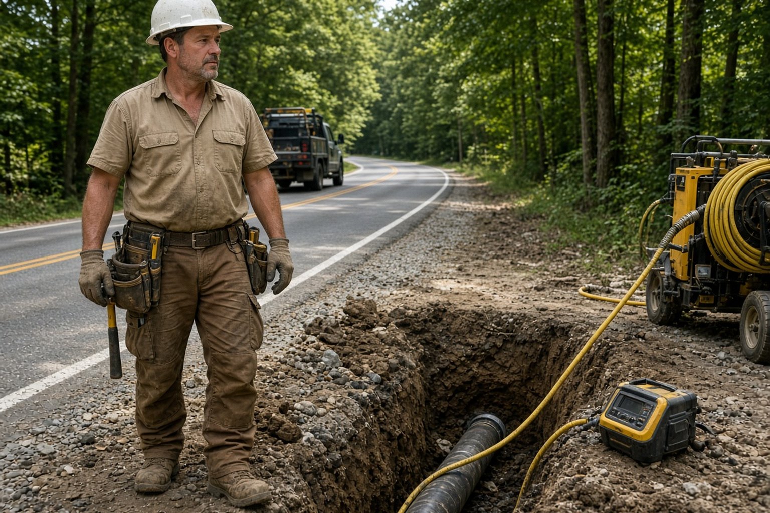 Worker beside an excavated trench during sewer line repair