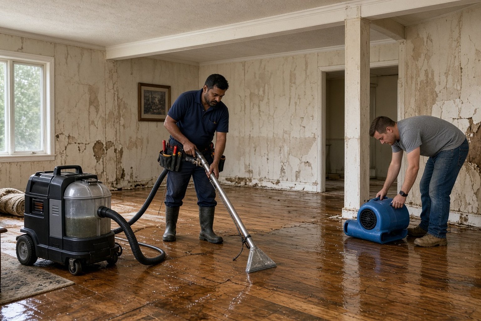 Technicians extracting water and setting up drying equipment in a flooded room