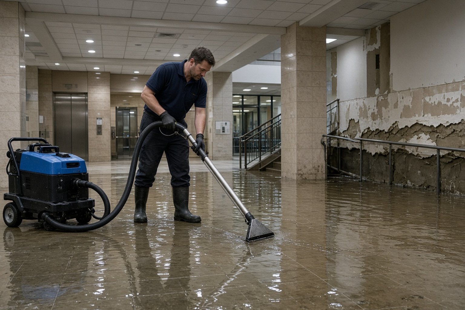 Technician extracting water from a flooded commercial lobby