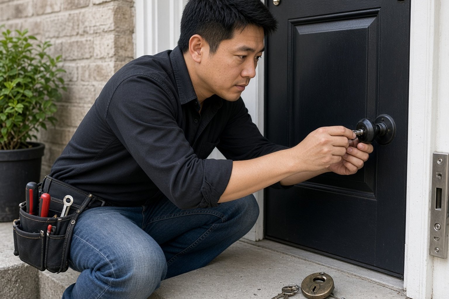 Locksmith repairing the lock on a front door