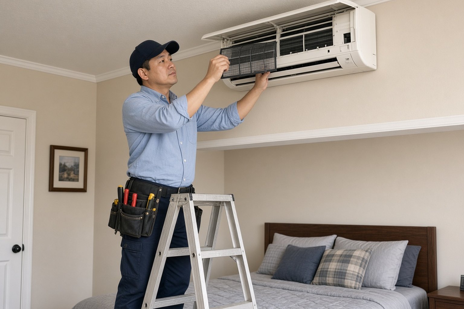 Technician servicing a wall-mounted ductless mini-split unit